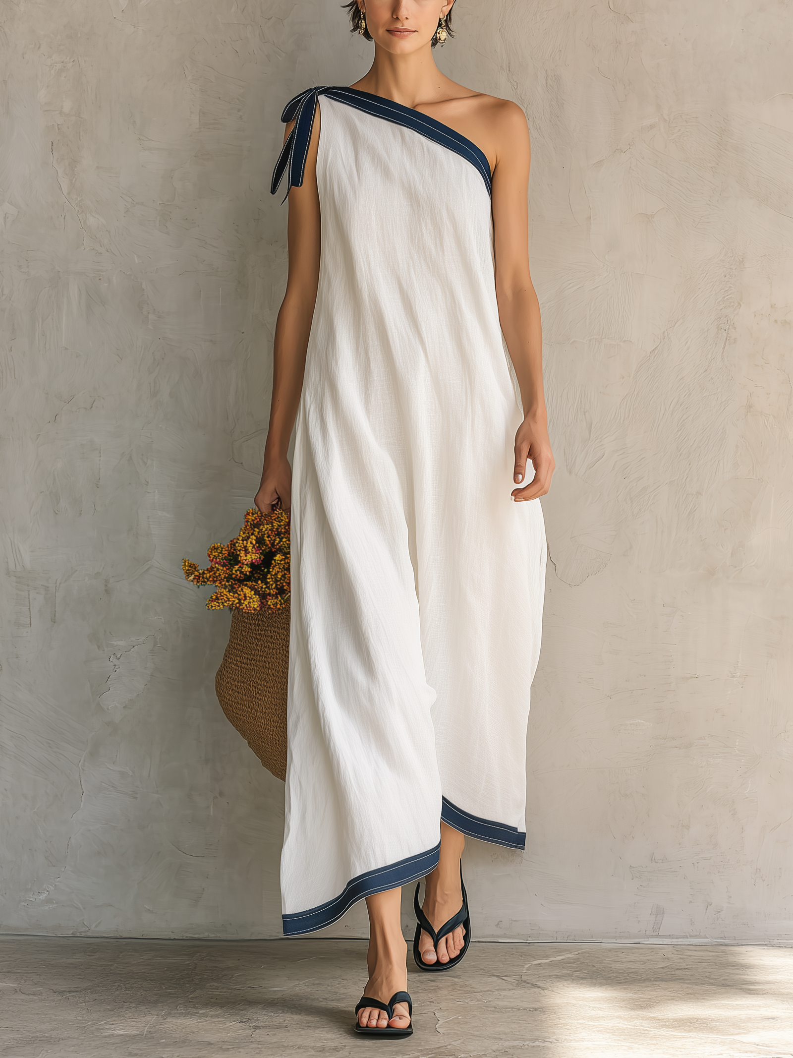 Women's Casual White Woven One-Shoulder Sleeveless Maxi Dress MDZ1614D4LXY