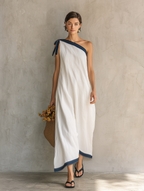 Women's Casual White Woven One-Shoulder Sleeveless Maxi Dress MDZ1614D4LXY