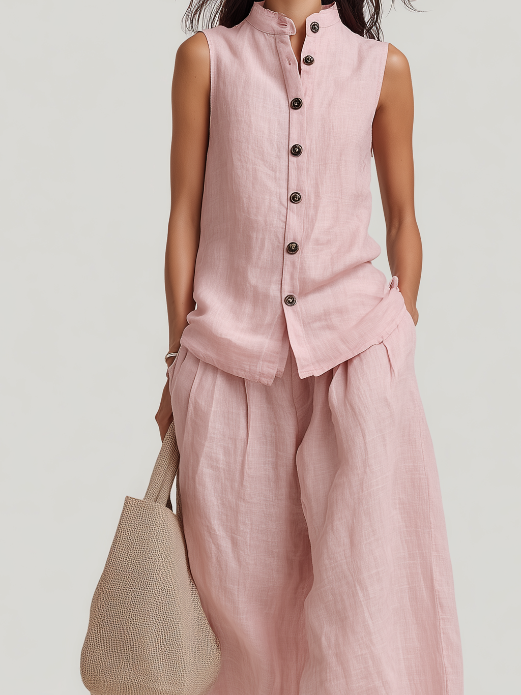 Light Pink Cotton Linen Crew-Neck Sleeveless Set