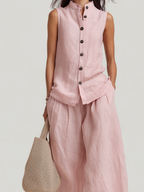 Light Pink Cotton Linen Crew-Neck Sleeveless Set