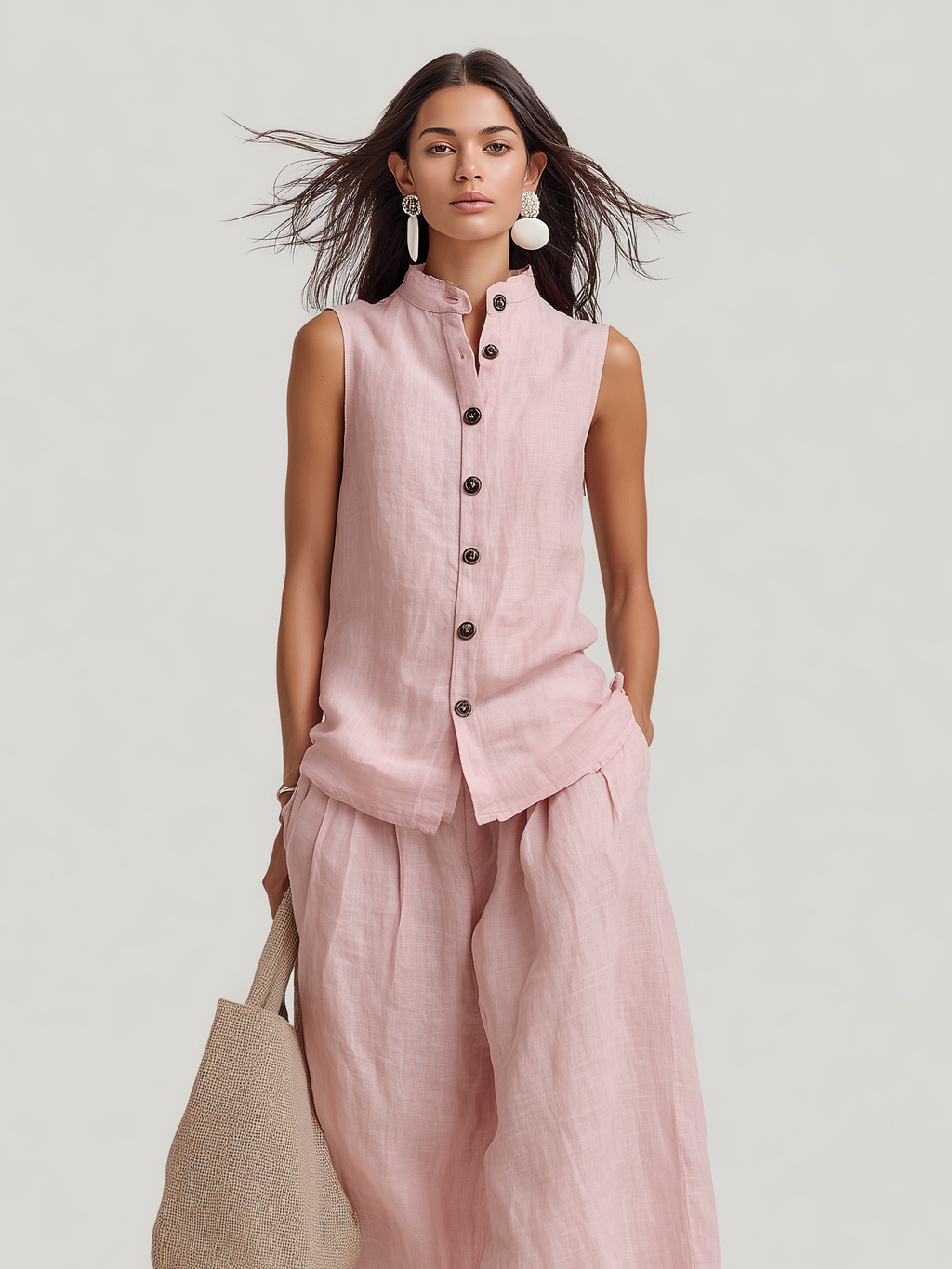 Light Pink Cotton Linen Crew-Neck Sleeveless Set