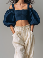 Navy Puff-Sleeve Top & Beige Cotton Shorts Set