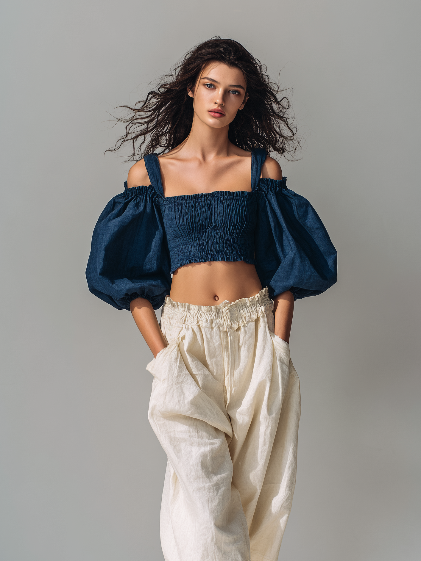 Navy Puff-Sleeve Top & Beige Cotton Shorts Set