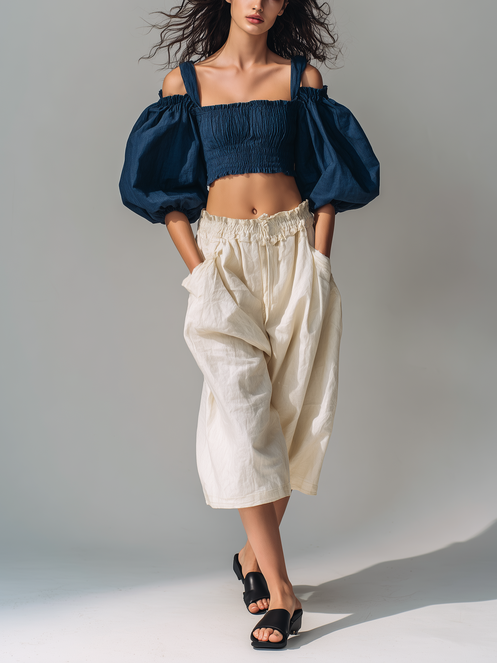 Navy Puff-Sleeve Top & Beige Cotton Shorts Set
