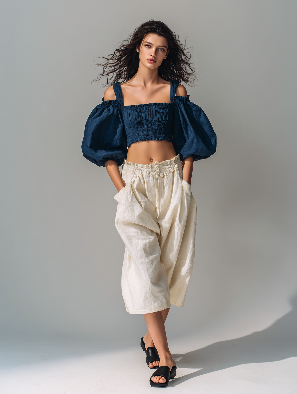 Navy Puff-Sleeve Top & Beige Cotton Shorts Set