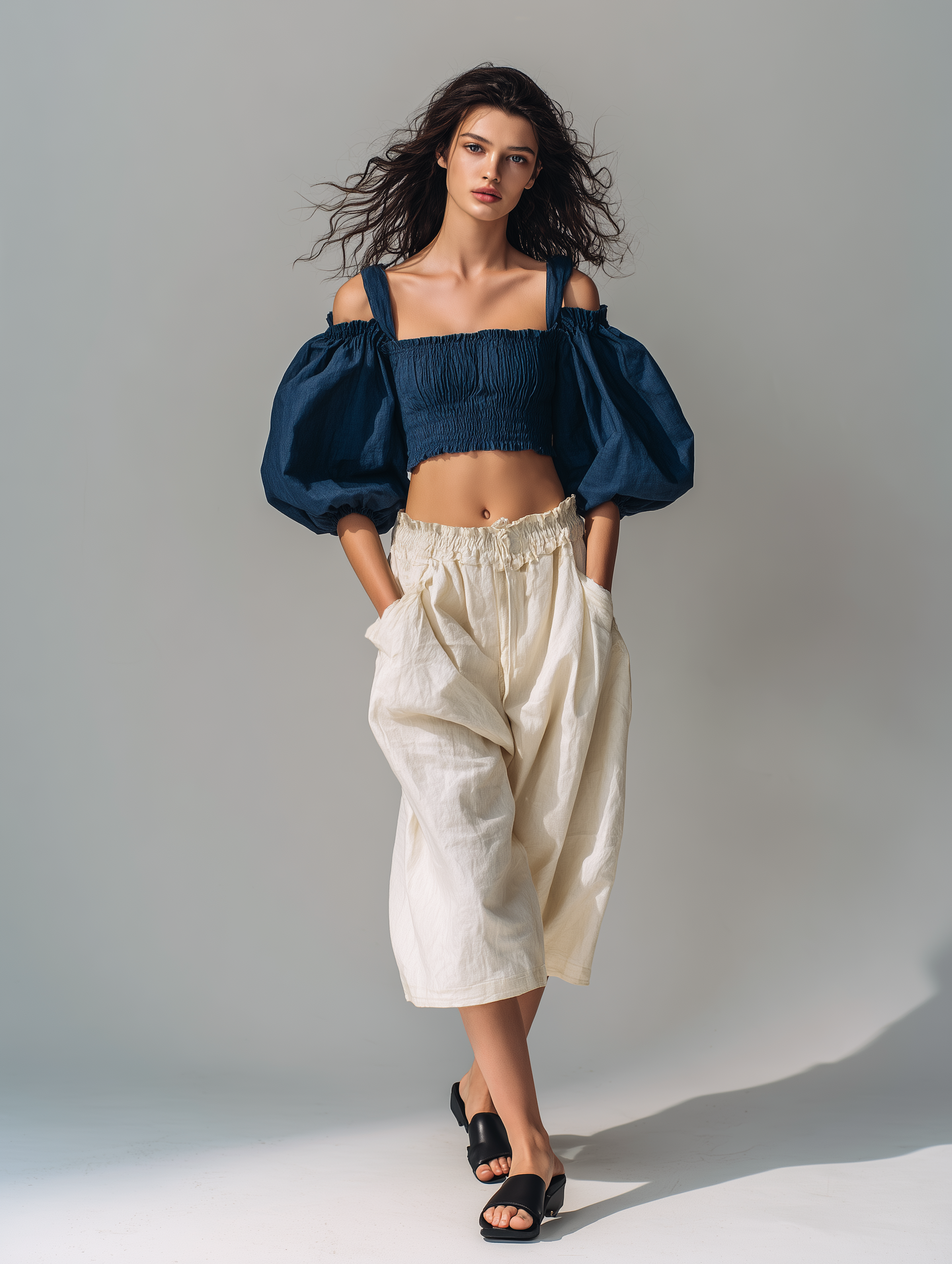 Navy Puff-Sleeve Top & Beige Cotton Shorts Set