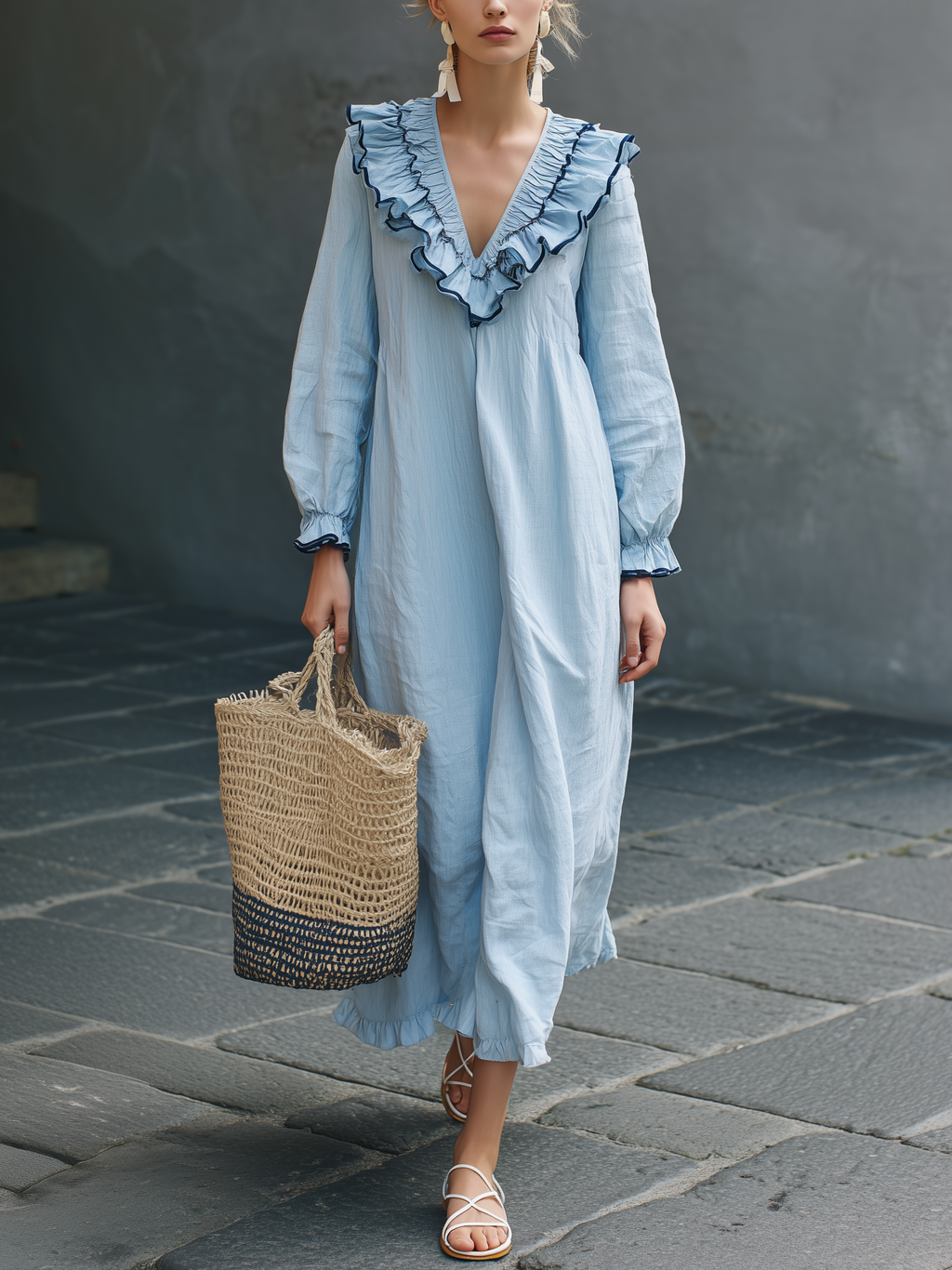 Women's Casual Light Blue Cotton-Linen Maxi Dress — V-Neck, Ruffled, Long Sleeve MDZ1683D3LXY