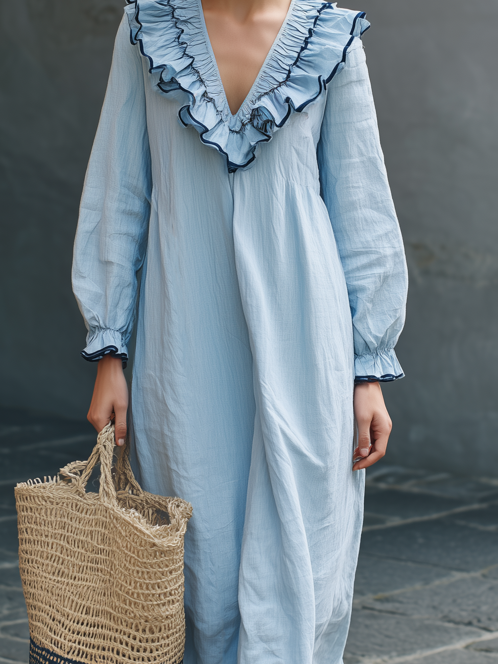 Women's Casual Light Blue Cotton-Linen Maxi Dress — V-Neck, Ruffled, Long Sleeve MDZ1683D3LXY
