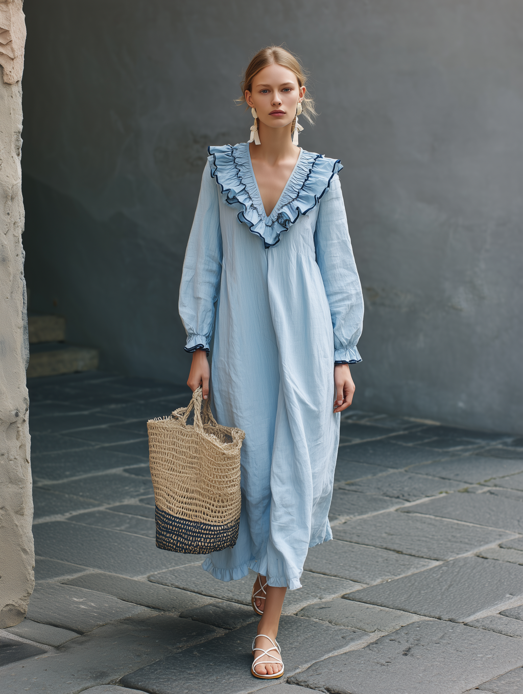 Women's Casual Light Blue Cotton-Linen Maxi Dress — V-Neck, Ruffled, Long Sleeve MDZ1683D3LXY