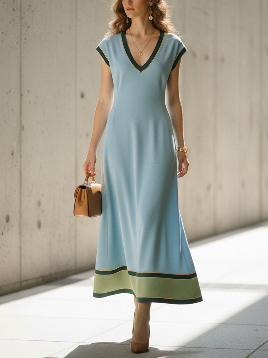 Light Blue Color-Block V-Neck A-Line Long Dress