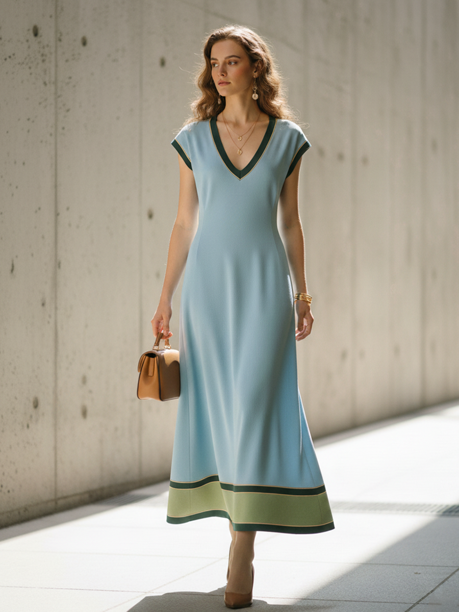Light Blue Color-Block V-Neck A-Line Long Dress