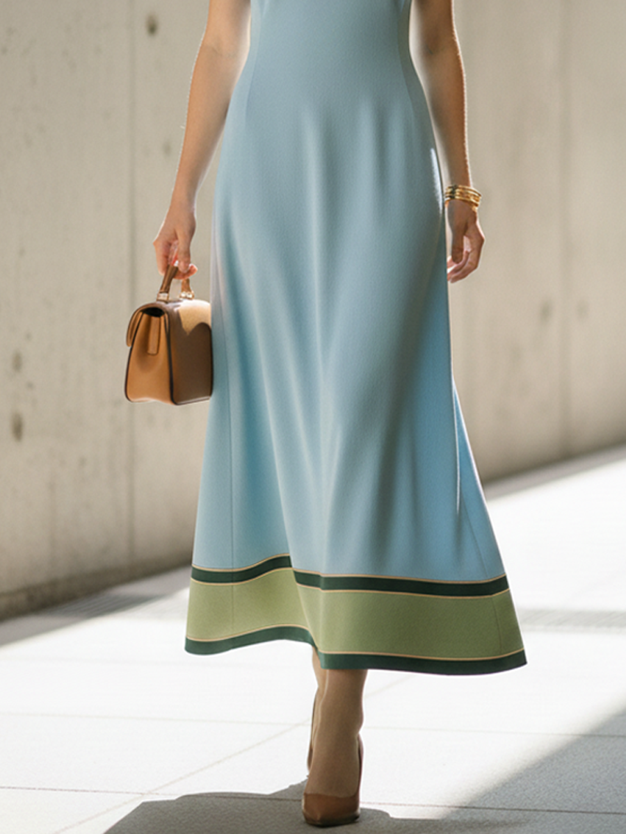 Light Blue Color-Block V-Neck A-Line Long Dress
