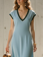 Light Blue Color-Block V-Neck A-Line Long Dress