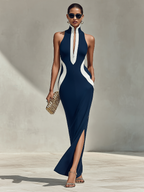 Navy & White Form-Fitting Zipper Front Side Slit Gown