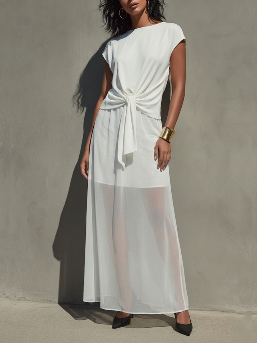 Ivory Chiffon Boat Neck Knotted Waist Dress