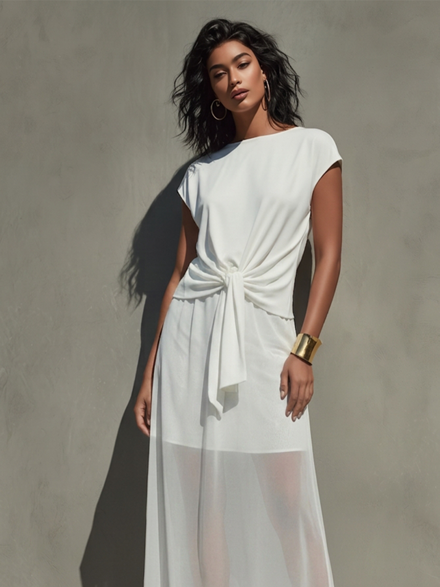 Ivory Chiffon Boat Neck Knotted Waist Dress