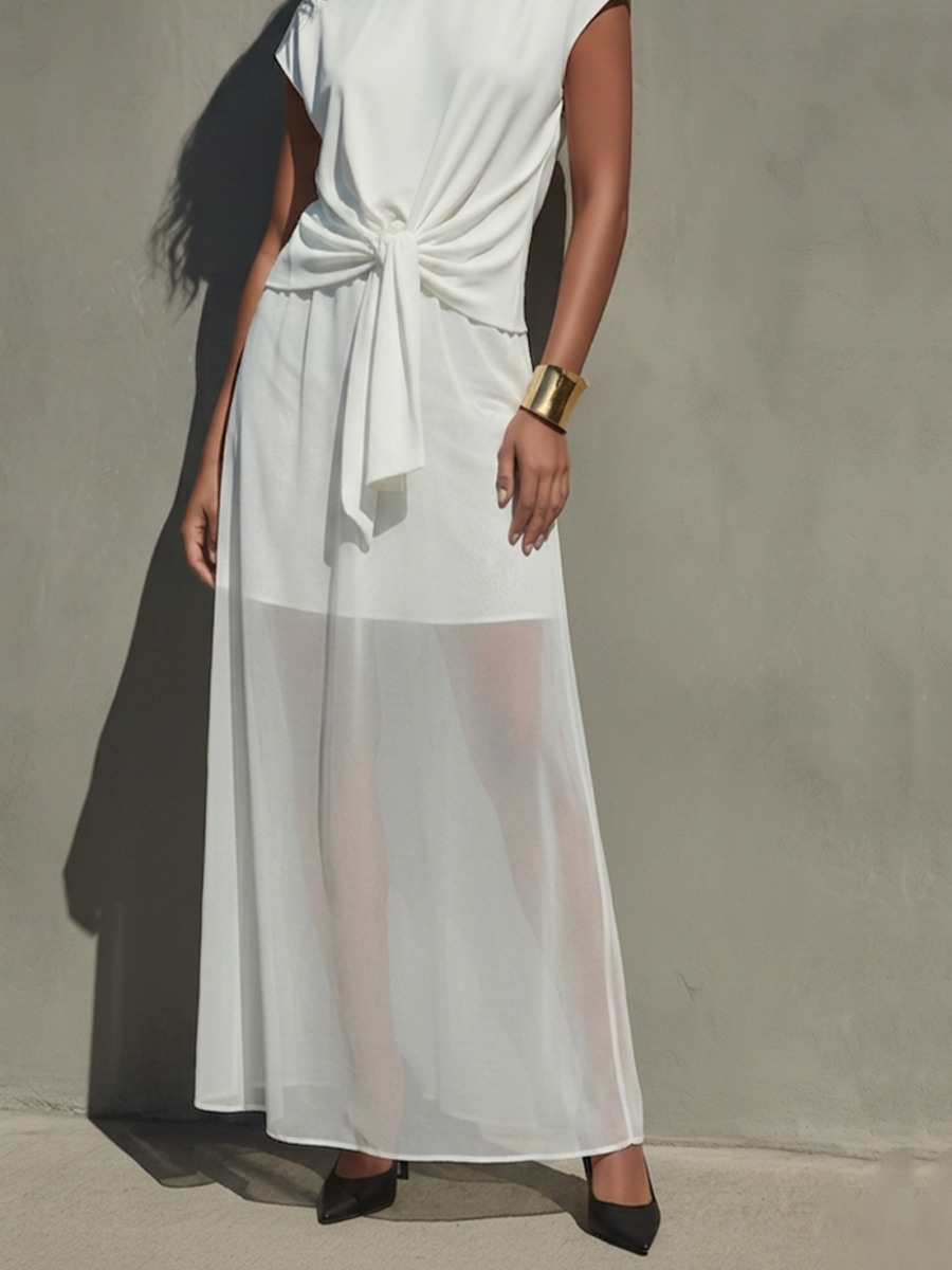 Ivory Chiffon Boat Neck Knotted Waist Dress