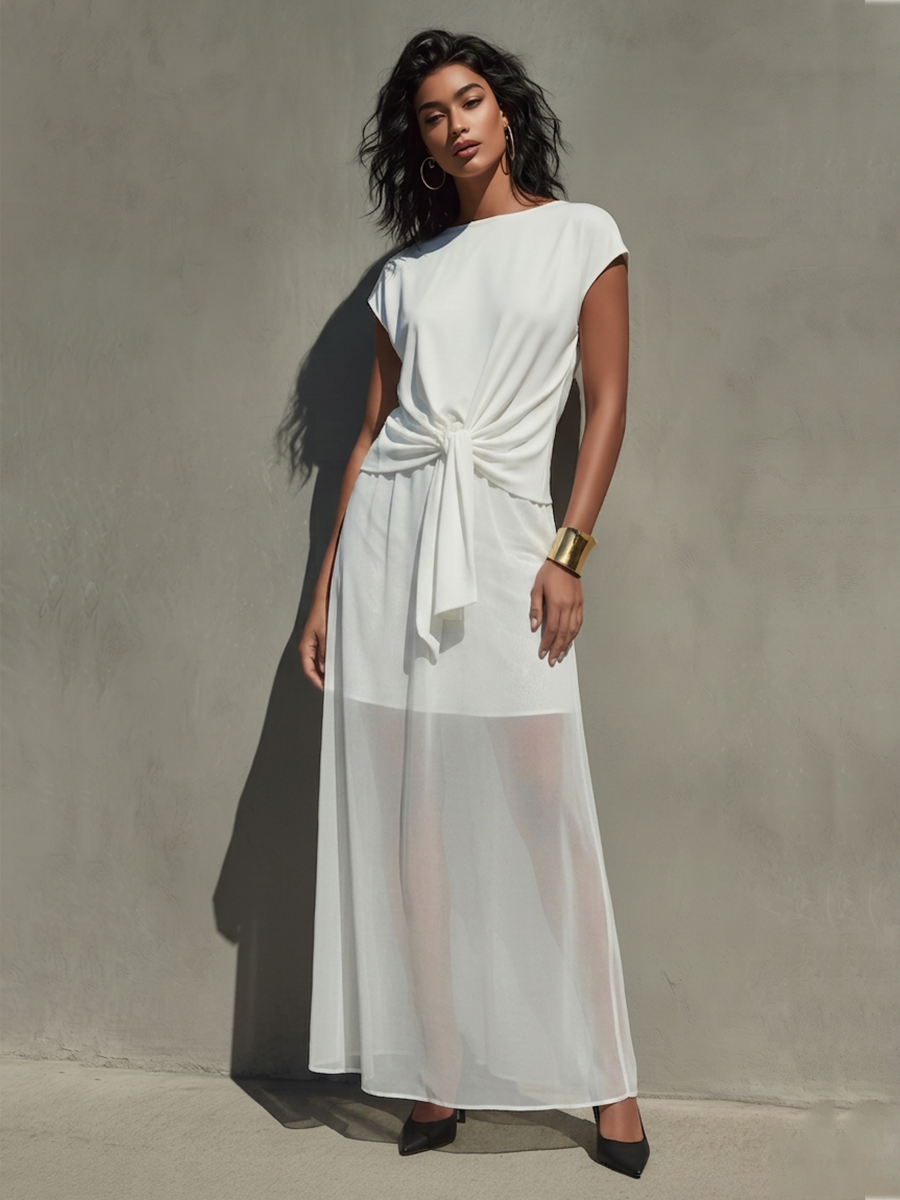 Ivory Chiffon Boat Neck Knotted Waist Dress
