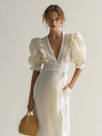 Women's Ivory Linen Puff Sleeve Maxi Dress With Plunging Neck & Ruffle Trim, Timeless Romantic-Chic Style Dress MDZ1561D5LYL