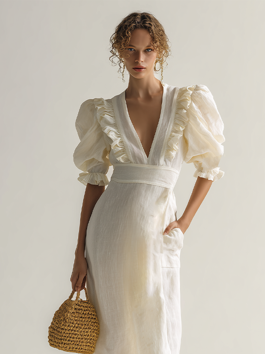 Women's Ivory Linen Puff Sleeve Maxi Dress With Plunging Neck & Ruffle Trim, Timeless Romantic-Chic Style Dress MDZ1561D5LYL