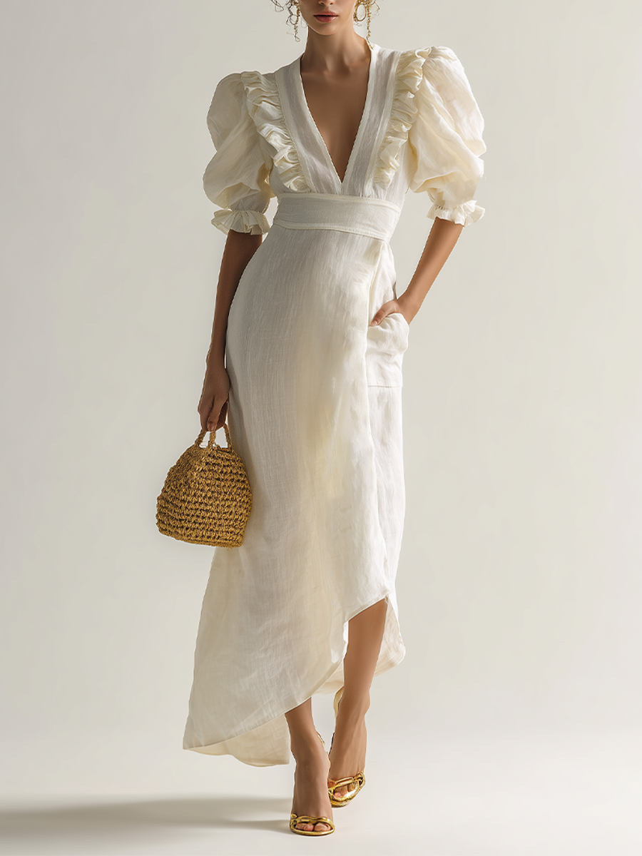 Women's Ivory Linen Puff Sleeve Maxi Dress With Plunging Neck & Ruffle Trim, Timeless Romantic-Chic Style Dress MDZ1561D5LYL