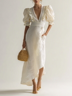 Women's Ivory Linen Puff Sleeve Maxi Dress With Plunging Neck & Ruffle Trim, Timeless Romantic-Chic Style Dress MDZ1561D5LYL