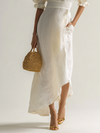 Women's Ivory Linen Puff Sleeve Maxi Dress With Plunging Neck & Ruffle Trim, Timeless Romantic-Chic Style Dress MDZ1561D5LYL