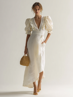 Women's Ivory Linen Puff Sleeve Maxi Dress With Plunging Neck & Ruffle Trim, Timeless Romantic-Chic Style Dress MDZ1561D5LYL