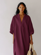 Plum Linen Tunic Split-Neck Dress