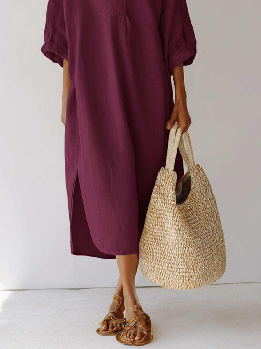 Plum Linen Tunic Split-Neck Dress