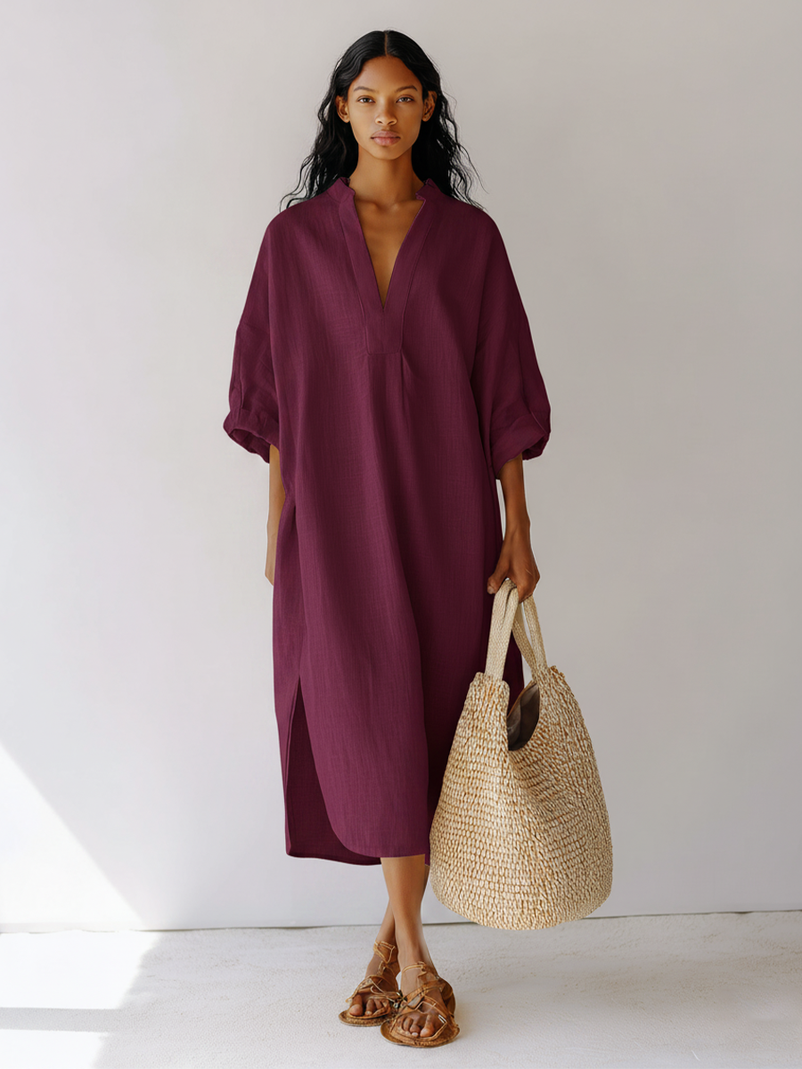 Plum Linen Tunic Split-Neck Dress