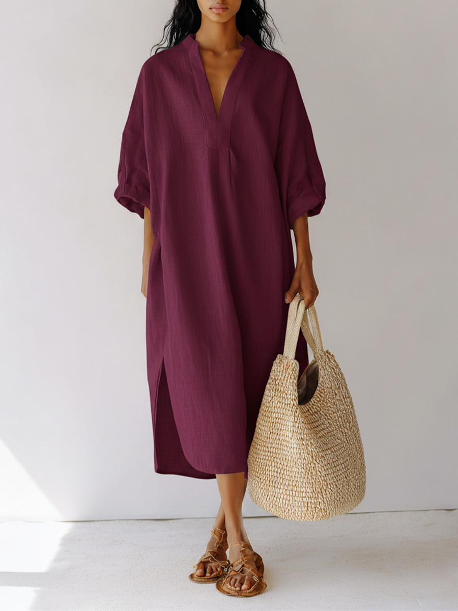 Plum Linen Tunic Split-Neck Dress