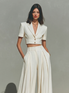 Ivory Linen Cropped Blazer & Pleated Wide-Leg Set