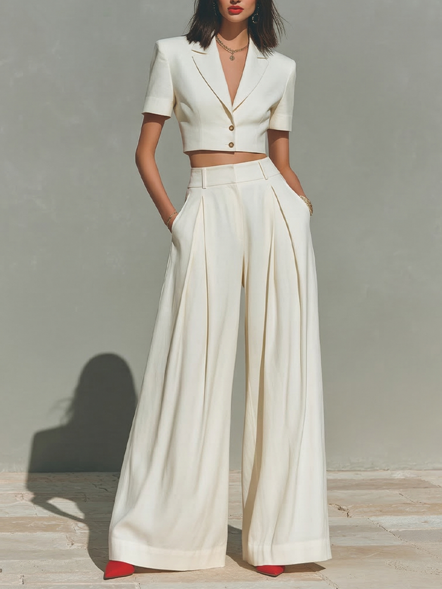 Ivory Linen Cropped Blazer & Pleated Wide-Leg Set