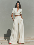 Ivory Linen Cropped Blazer & Pleated Wide-Leg Set