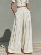 Ivory Linen Cropped Blazer & Pleated Wide-Leg Set