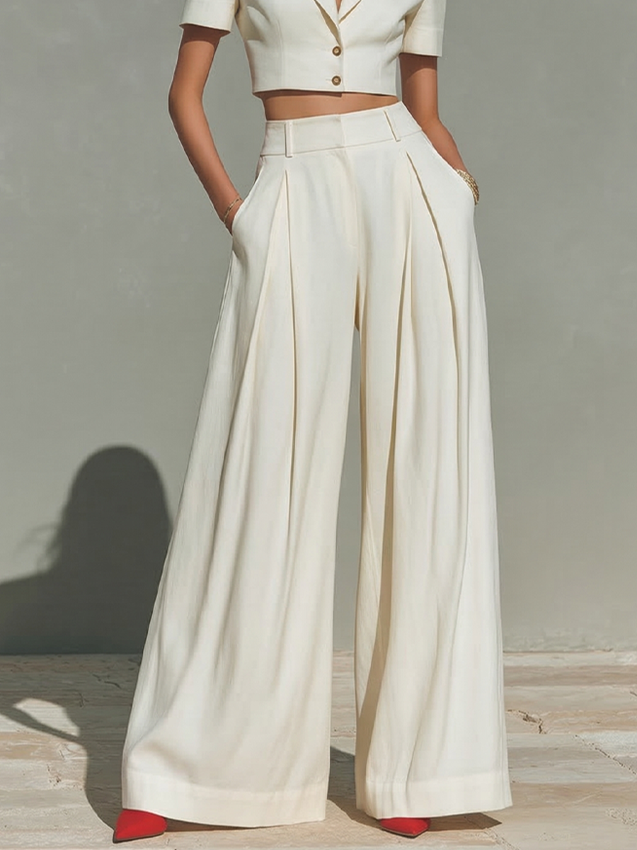 Ivory Linen Cropped Blazer & Pleated Wide-Leg Set