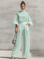 Mint Chiffon Turtleneck Blouse & Wide-Leg Set