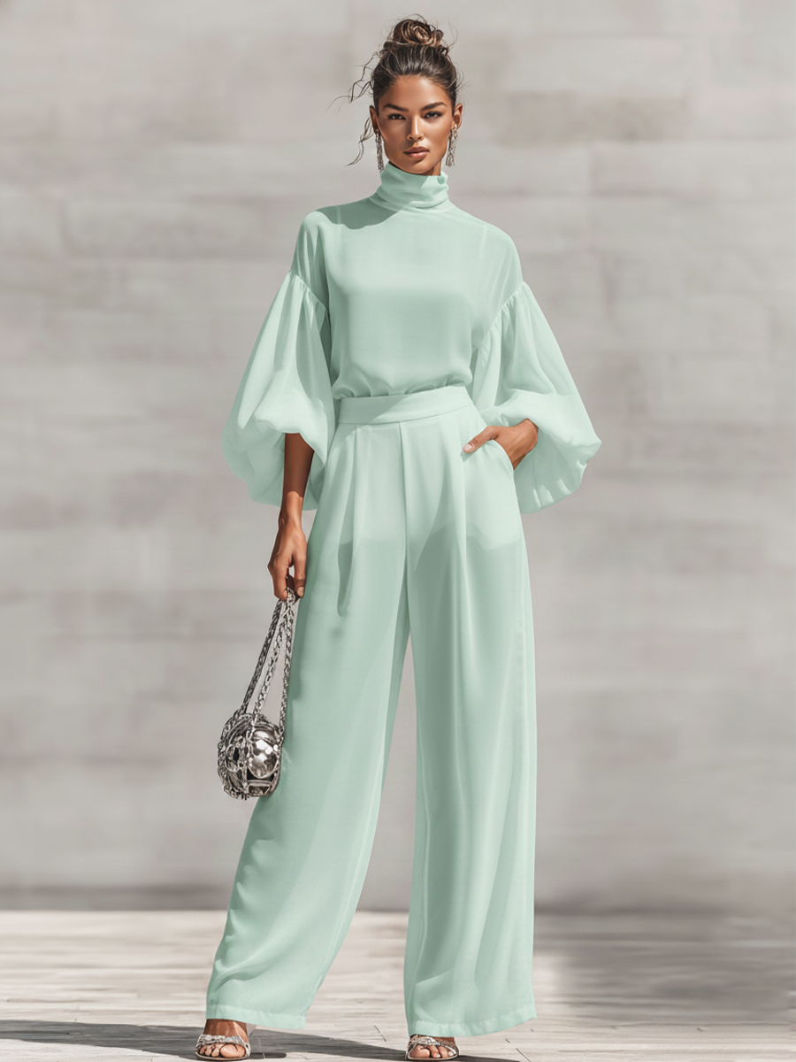 Mint Chiffon Turtleneck Blouse & Wide-Leg Set