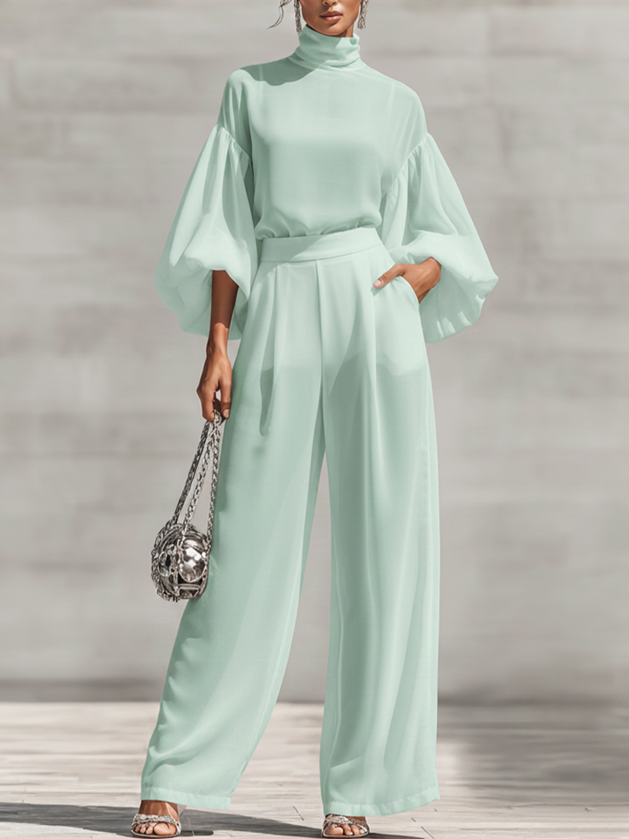 Mint Chiffon Turtleneck Blouse & Wide-Leg Set