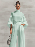 Mint Chiffon Turtleneck Blouse & Wide-Leg Set