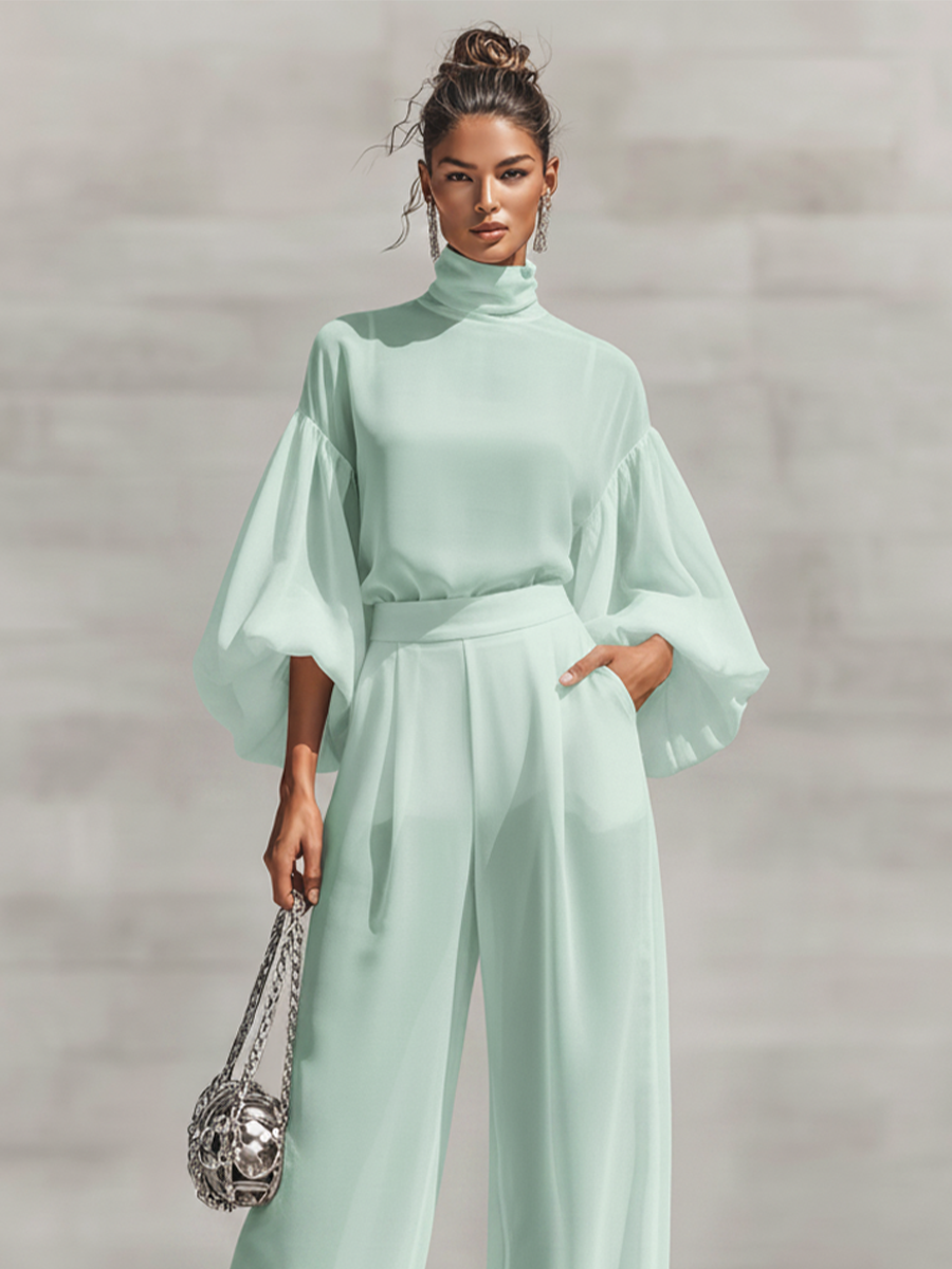 Mint Chiffon Turtleneck Blouse & Wide-Leg Set