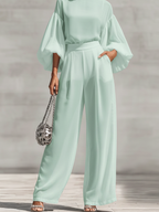 Mint Chiffon Turtleneck Blouse & Wide-Leg Set
