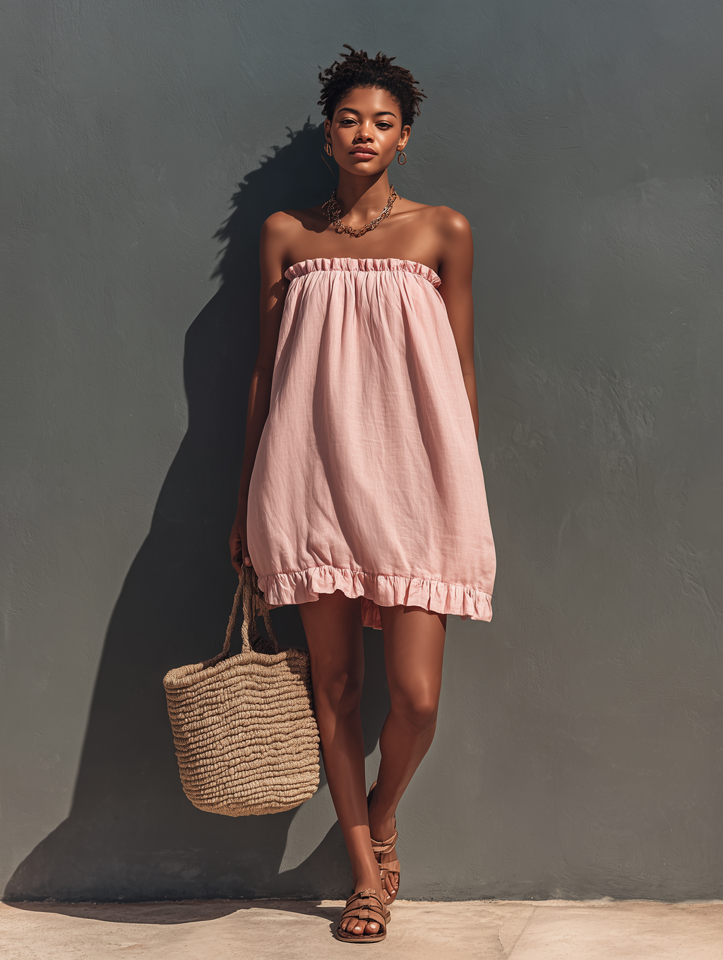 Blush Linen Strapless Ruffle Mini Sundress