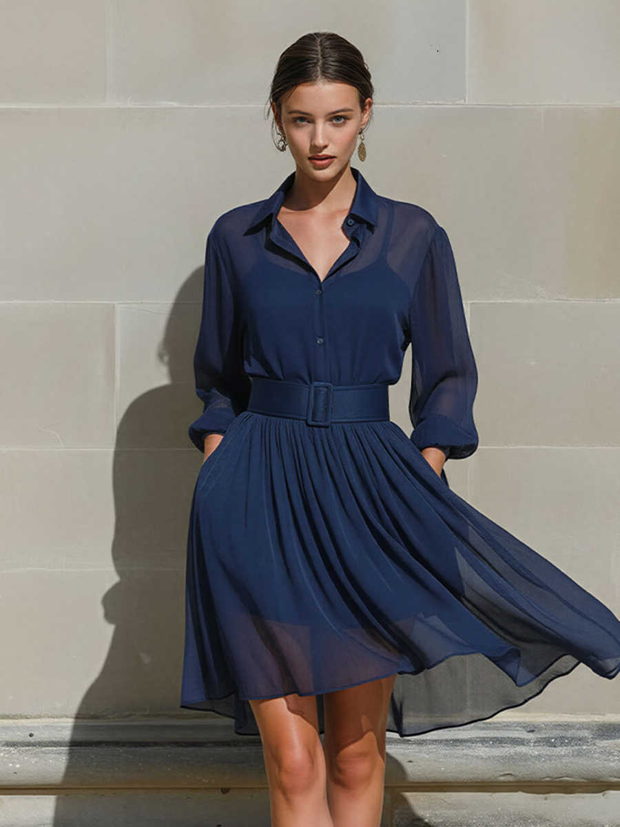 Navy Sheer Chiffon Belted Shirt Dress