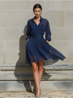 Navy Sheer Chiffon Belted Shirt Dress