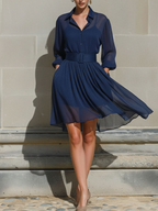 Navy Sheer Chiffon Belted Shirt Dress