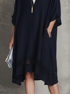 Navy & White Patchwork Shirt Collar Short-Sleeve Midi Dress