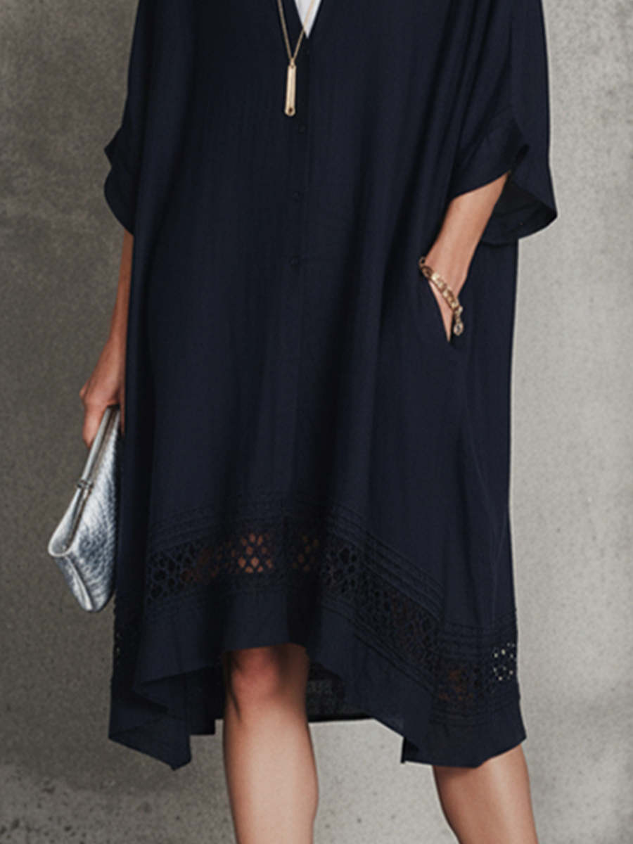 Navy & White Patchwork Shirt Collar Short-Sleeve Midi Dress