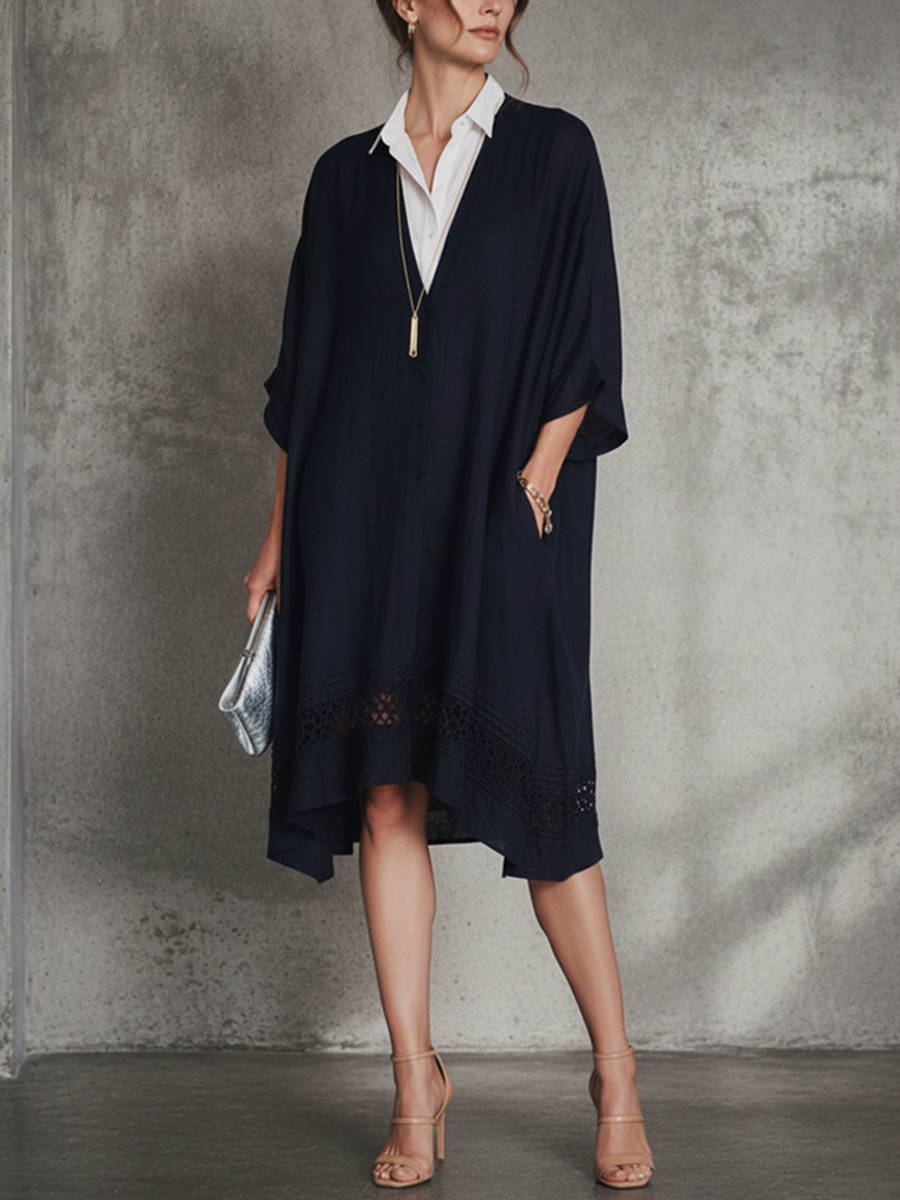 Navy & White Patchwork Shirt Collar Short-Sleeve Midi Dress